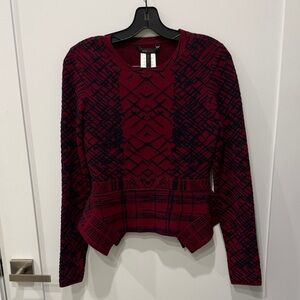 BCBGMaxAzria Burgundy and Navy Peplum Knit Top and Skirt Set